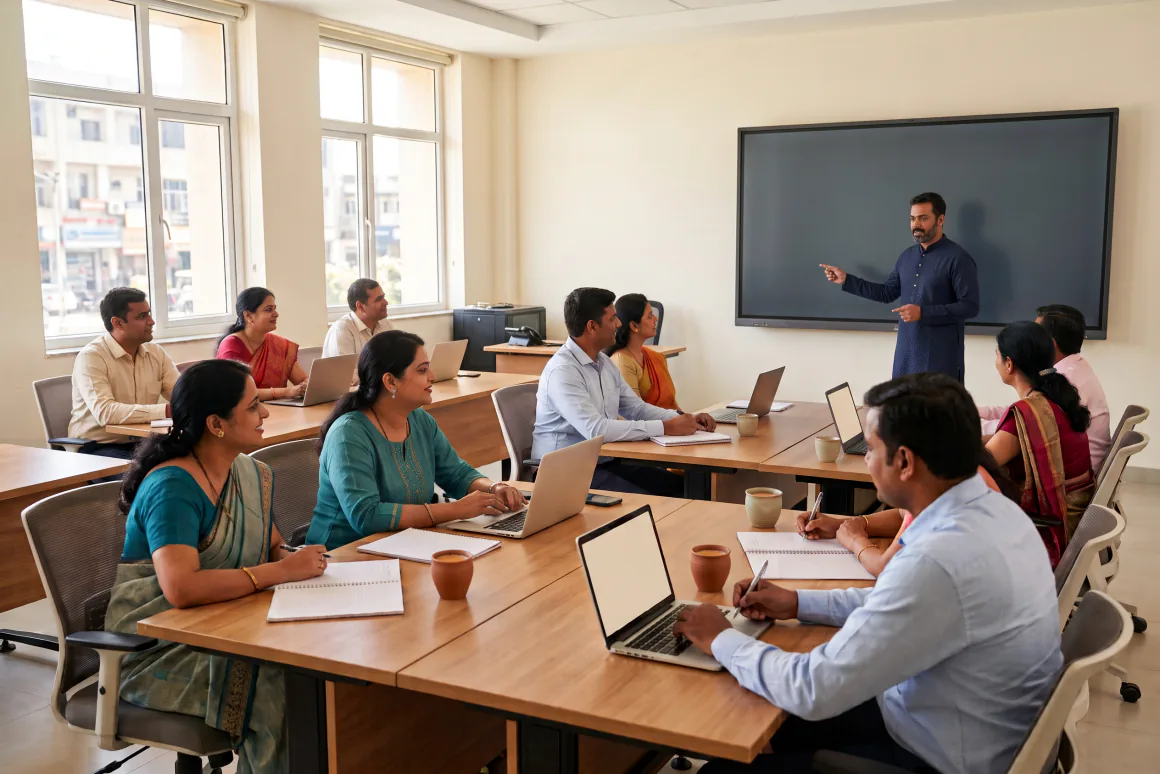 Teachers seated at desks with laptops and notebooks, facing an instructor at a display screen.