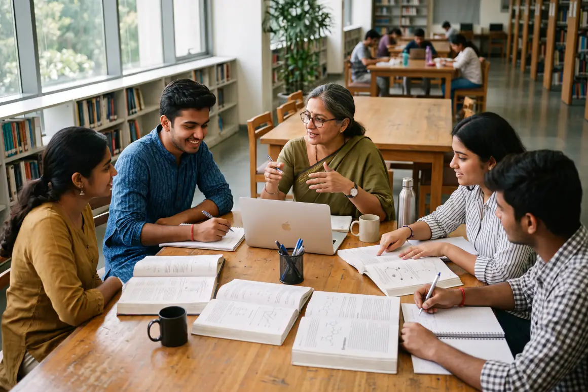 A group of students and a teacher around a library table, textbooks and a laptop open in front of them.