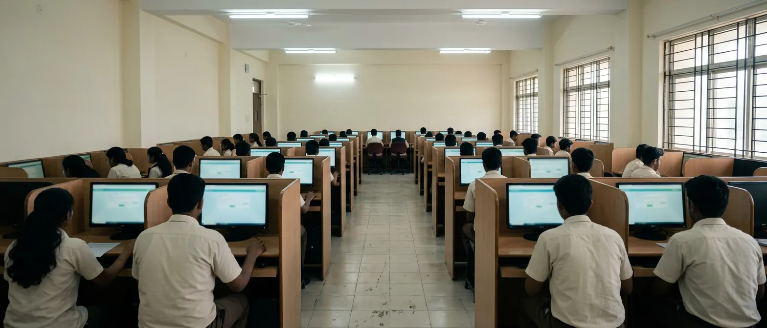 Students at computers in an examination hall.
