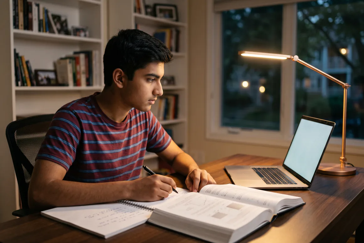 A student at a desk in lamplight, writing beside an open textbook and a laptop.